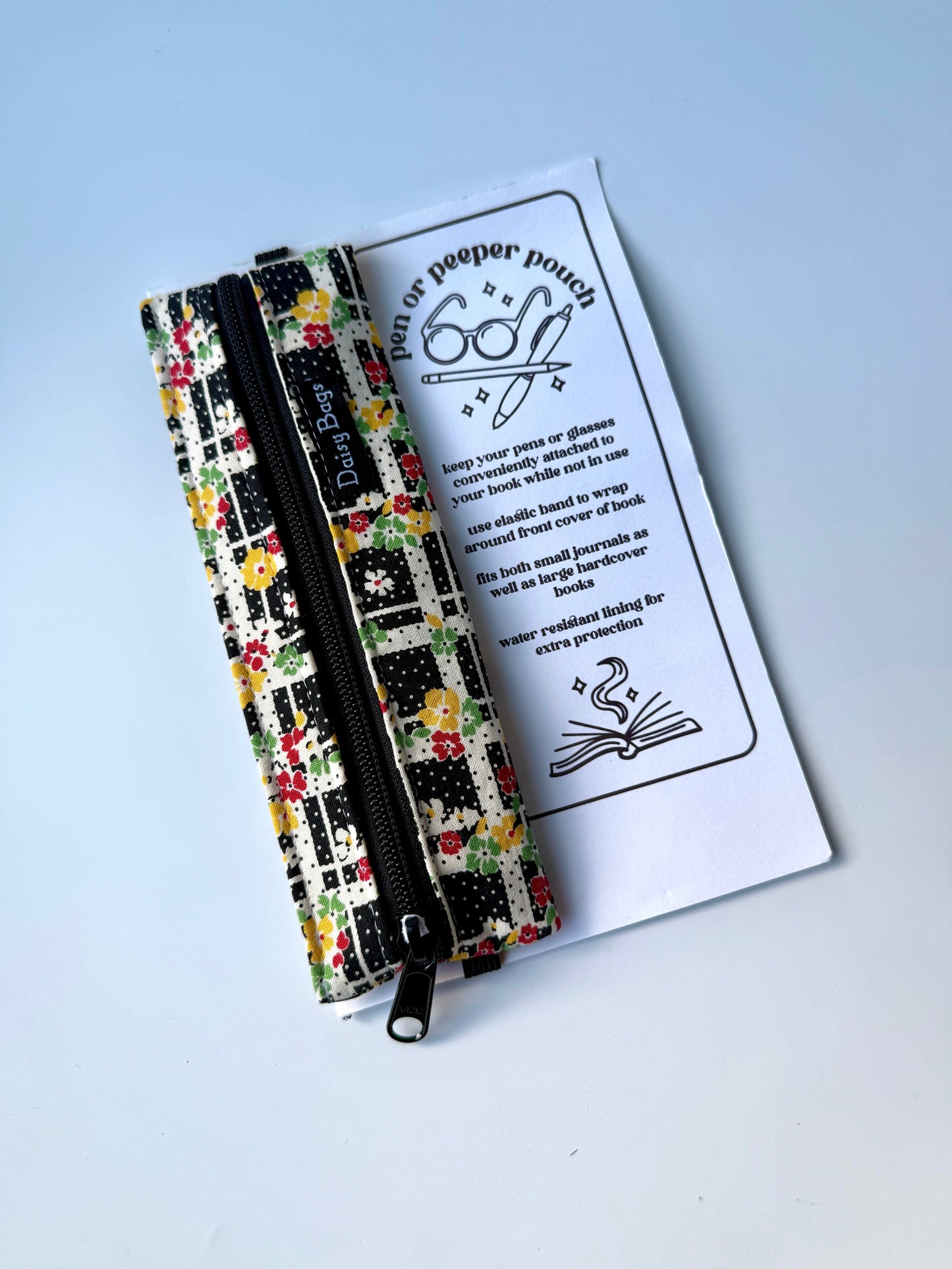 Pen or Peeper Pouch Black Plaid Flower